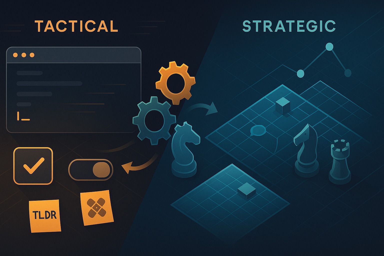Tactical vs Strategic Programming: A visual representation of balancing quick development (tactical) with long-term architecture (strategic) in software development